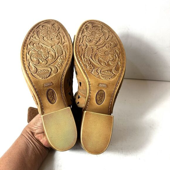 Sofft Tan Leather Block Heeled Cutout Sandals Womens Sz 9 M Sling Back Peep Toe - Picture 11 of 11